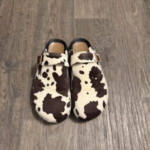 Rouge! Women's Cow-Pattern Slip-On Clogs in White and Brown